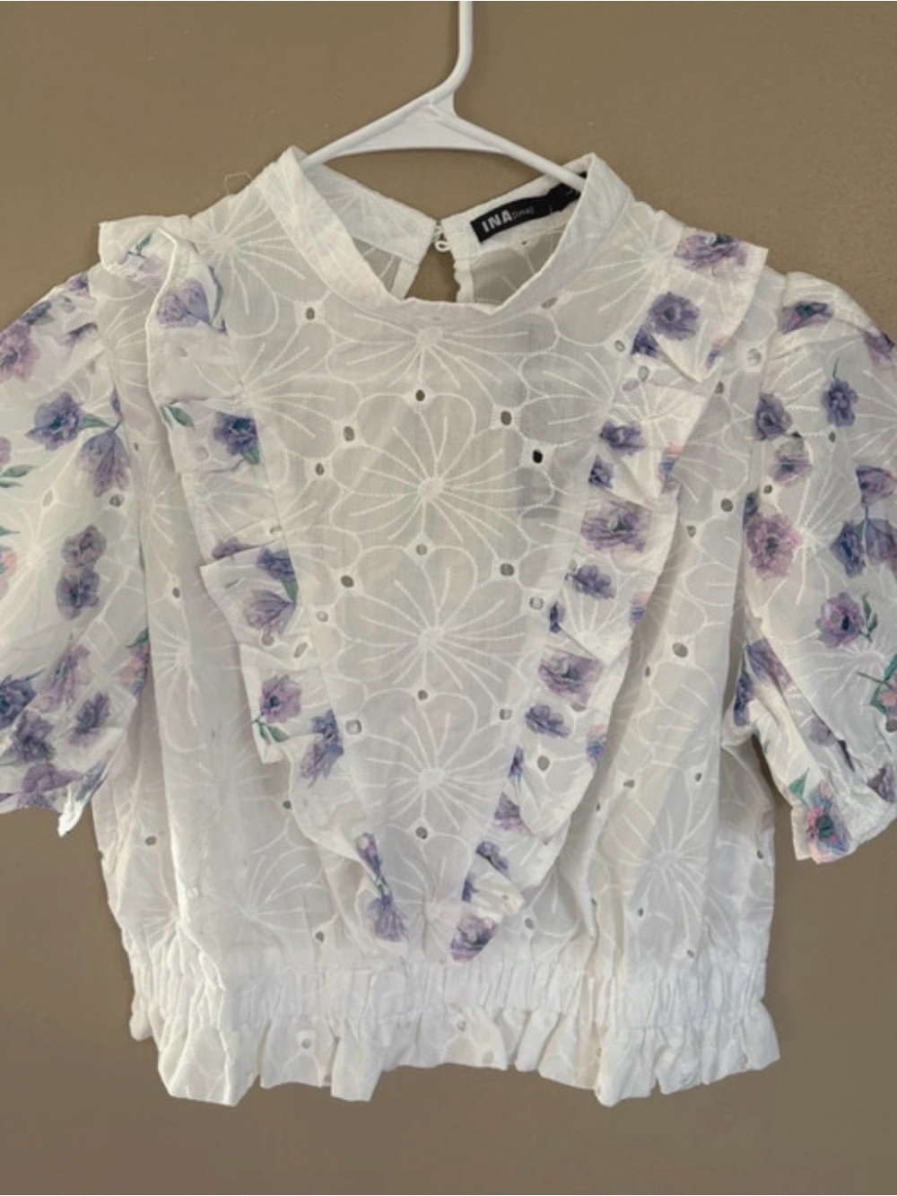 Ina White Eyelet Crop Blouse with Lavender Floral Ruffle Trim